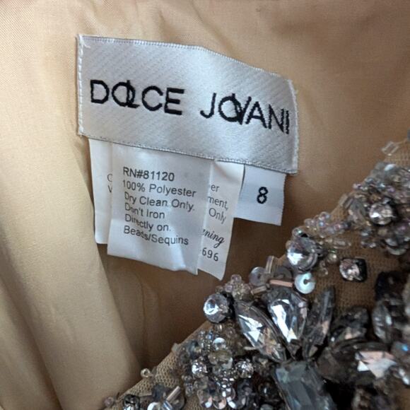 Dolce Jovani Gold Crystal Embellished Gown Fitted Spaghetti Straps Size 8 Nude - Picture 7 of 15